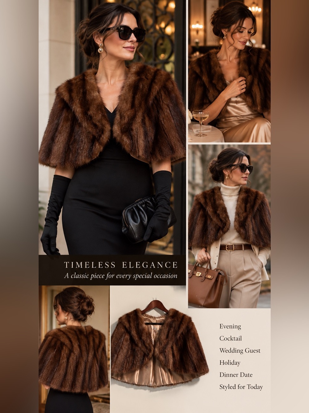Vintage Genuine Mink Fur Capelet Stole Skinner Satin Lined Brown
